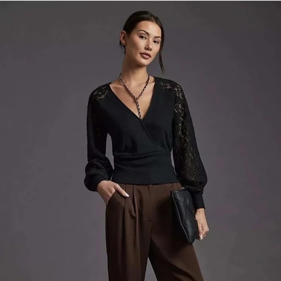 Anthropologie Sweaters - Anthropologie Black V-Neck Sweater with Lace Sleeves